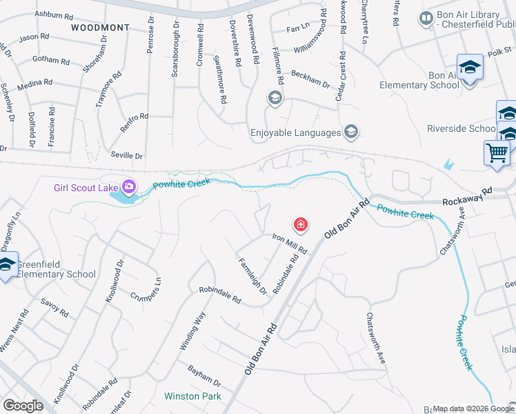 map of restaurants, bars, coffee shops, grocery stores, and more near 10108 Iron Mill Road in Richmond