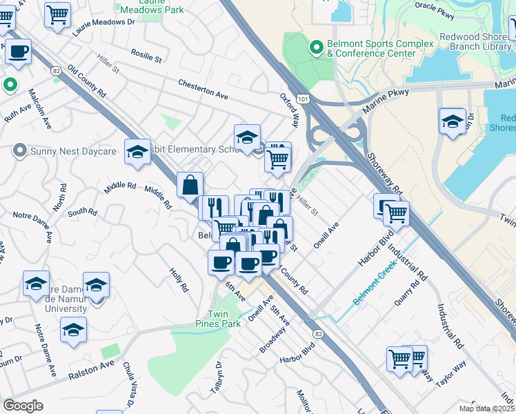 map of restaurants, bars, coffee shops, grocery stores, and more near 630 Masonic Way in Belmont