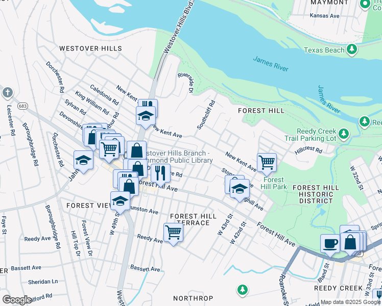 map of restaurants, bars, coffee shops, grocery stores, and more near 4606 King William Road in Richmond