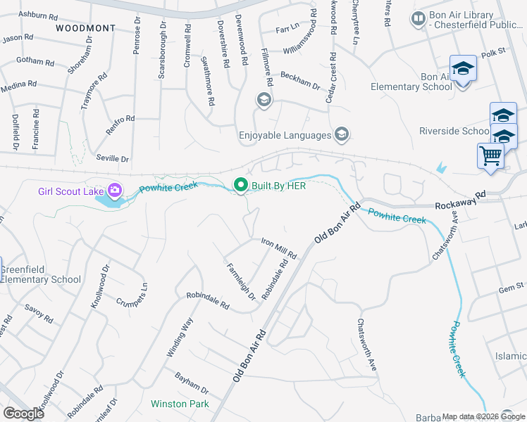 map of restaurants, bars, coffee shops, grocery stores, and more near 10108 Iron Mill Road in Richmond