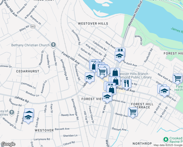 map of restaurants, bars, coffee shops, grocery stores, and more near 5100 Forest Hill Avenue in Richmond