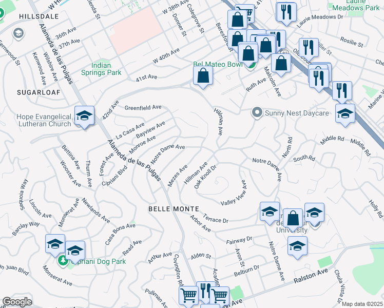 map of restaurants, bars, coffee shops, grocery stores, and more near 2004 Mezes Avenue in Belmont