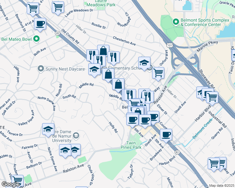 map of restaurants, bars, coffee shops, grocery stores, and more near 26 Cobblestone Lane in Belmont