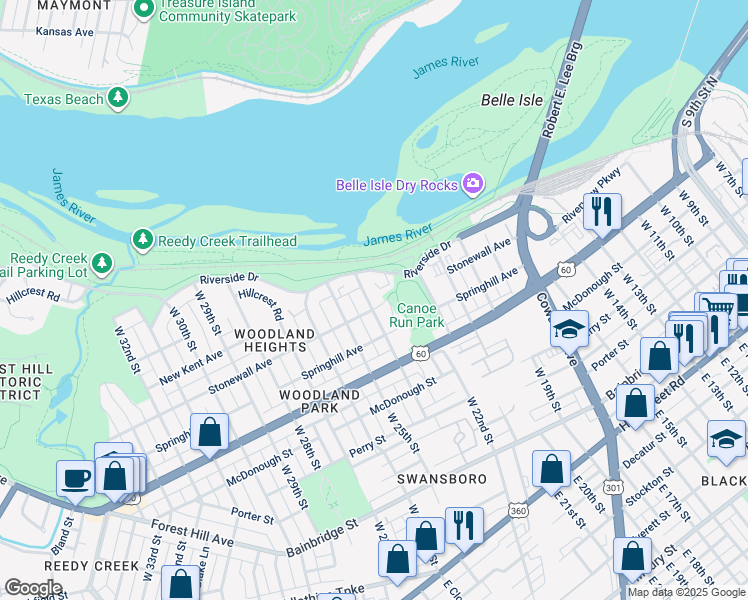 map of restaurants, bars, coffee shops, grocery stores, and more near 703 West 24th Street in Richmond
