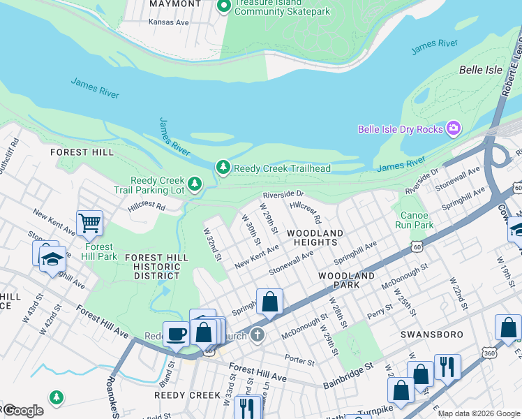 map of restaurants, bars, coffee shops, grocery stores, and more near 828 West 29th Street in Richmond
