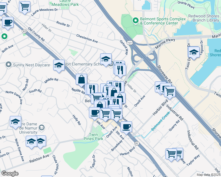 map of restaurants, bars, coffee shops, grocery stores, and more near 640 Masonic Way in Belmont