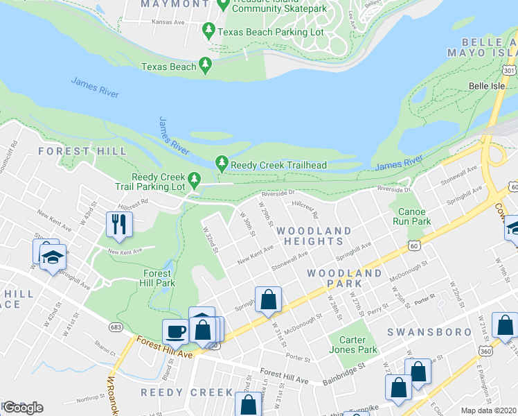 map of restaurants, bars, coffee shops, grocery stores, and more near 828 West 29th Street in Richmond