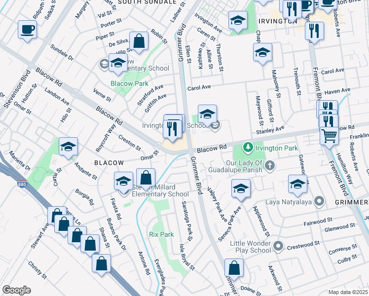 map of restaurants, bars, coffee shops, grocery stores, and more near 41500 Blacow Road in Fremont