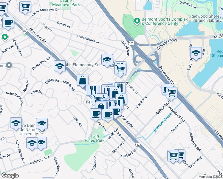 map of restaurants, bars, coffee shops, grocery stores, and more near 630 Masonic Way in Belmont
