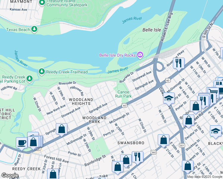 map of restaurants, bars, coffee shops, grocery stores, and more near 703 West 24th Street in Richmond