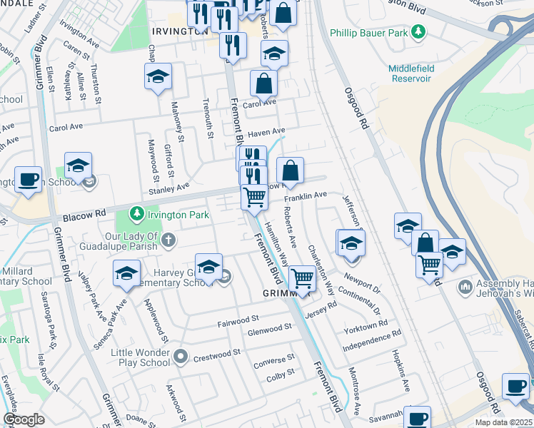 map of restaurants, bars, coffee shops, grocery stores, and more near 42616 Hamilton Way in Fremont