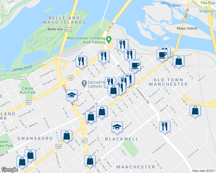 map of restaurants, bars, coffee shops, grocery stores, and more near 1104 Porter Street in Richmond