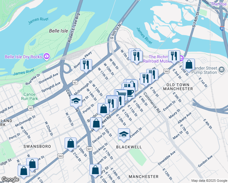 map of restaurants, bars, coffee shops, grocery stores, and more near 1104 Porter Street in Richmond