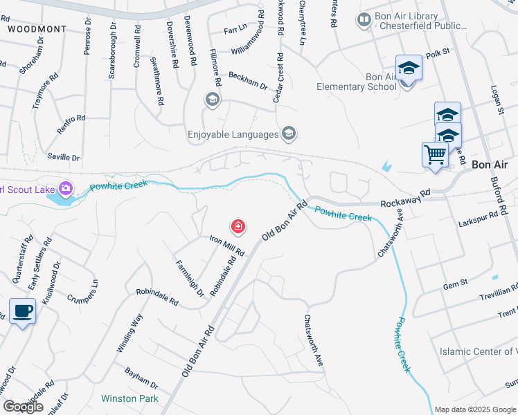 map of restaurants, bars, coffee shops, grocery stores, and more near 2024 Timbers Hill Road in Richmond