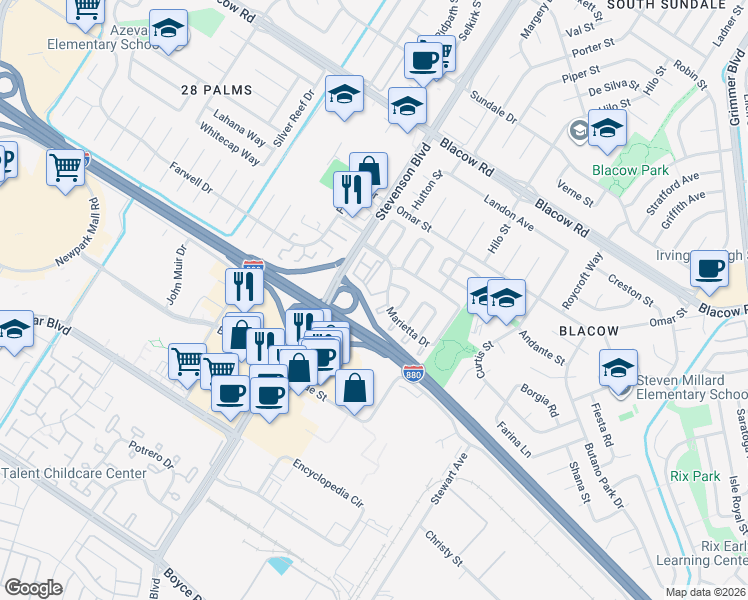 map of restaurants, bars, coffee shops, grocery stores, and more near 5605 Impatiens Com in Fremont