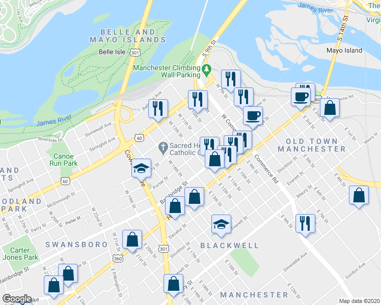 map of restaurants, bars, coffee shops, grocery stores, and more near 1205 Porter Street in Richmond