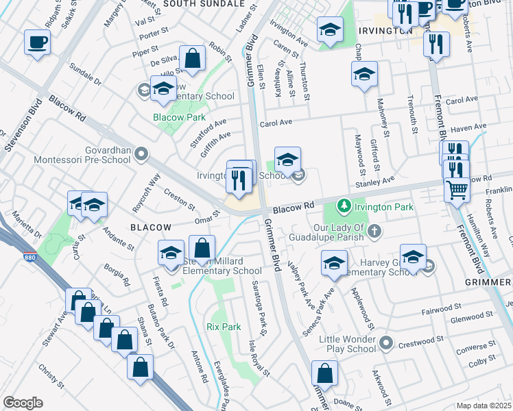 map of restaurants, bars, coffee shops, grocery stores, and more near 41500 Blacow Road in Fremont