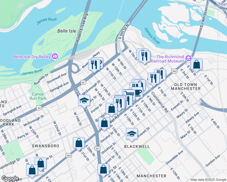 map of restaurants, bars, coffee shops, grocery stores, and more near 1205 Porter Street in Richmond