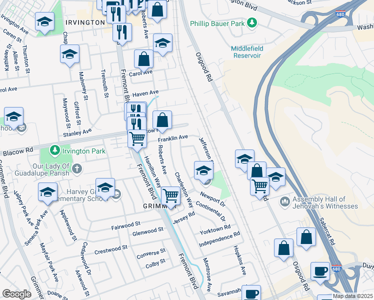 map of restaurants, bars, coffee shops, grocery stores, and more near 42646 Newport Drive in Fremont