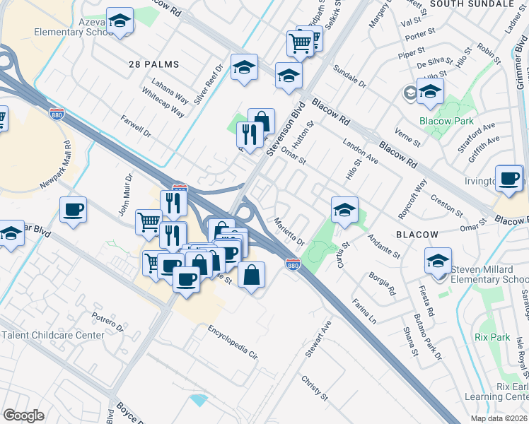 map of restaurants, bars, coffee shops, grocery stores, and more near 5605 Impatiens Com in Fremont
