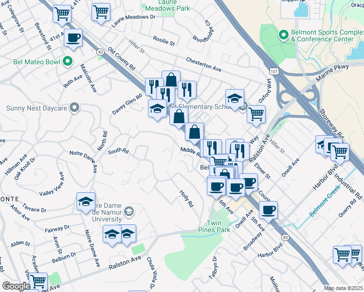 map of restaurants, bars, coffee shops, grocery stores, and more near 26 Cobblestone Lane in Belmont