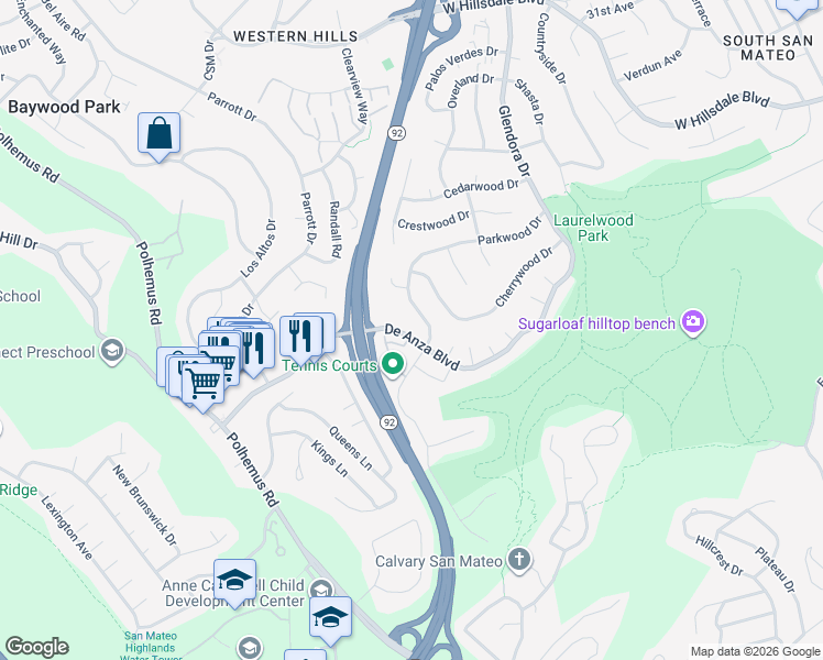 map of restaurants, bars, coffee shops, grocery stores, and more near 28 Amy Drive in San Mateo