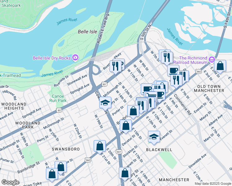 map of restaurants, bars, coffee shops, grocery stores, and more near 1420 McDonough Street in Richmond