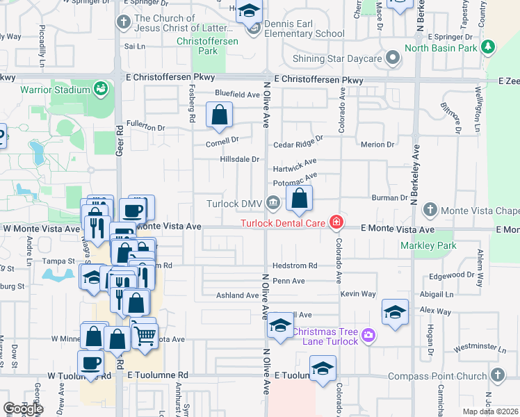 map of restaurants, bars, coffee shops, grocery stores, and more near 3231 North Olive Avenue in Turlock