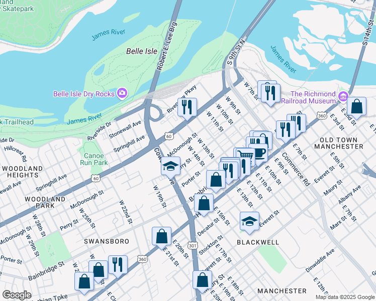 map of restaurants, bars, coffee shops, grocery stores, and more near 1420 McDonough Street in Richmond