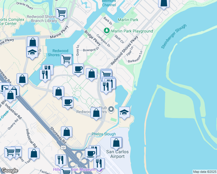 map of restaurants, bars, coffee shops, grocery stores, and more near in Redwood City