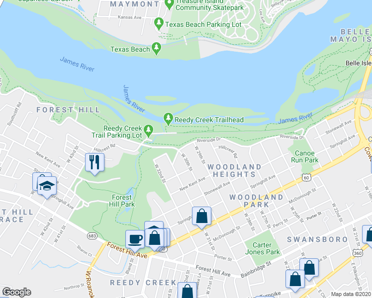 map of restaurants, bars, coffee shops, grocery stores, and more near 2908 Riverside Drive in Richmond