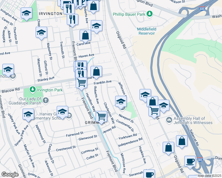 map of restaurants, bars, coffee shops, grocery stores, and more near 42646 Newport Drive in Fremont