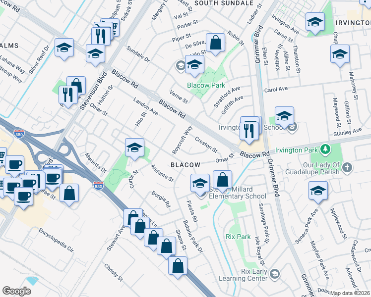 map of restaurants, bars, coffee shops, grocery stores, and more near 4933 Mansbury Street in Fremont