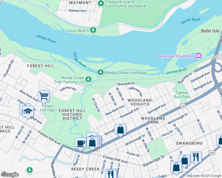 map of restaurants, bars, coffee shops, grocery stores, and more near 2908 Riverside Drive in Richmond