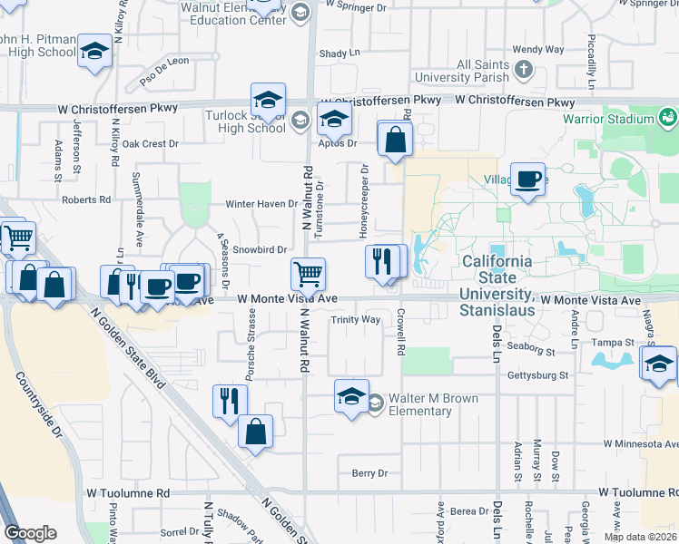 map of restaurants, bars, coffee shops, grocery stores, and more near 1525 West Monte Vista Avenue in Turlock