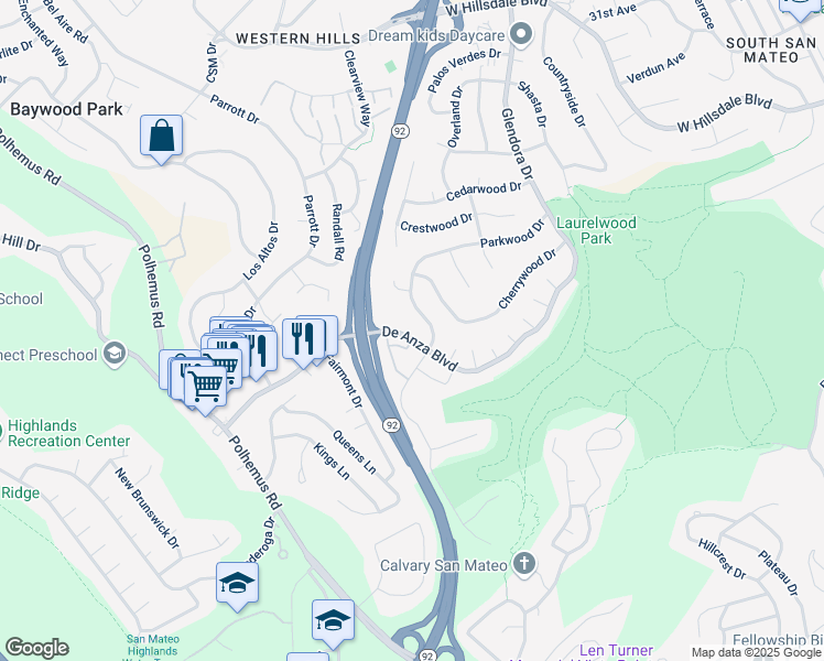 map of restaurants, bars, coffee shops, grocery stores, and more near 1700 De Anza Boulevard in San Mateo