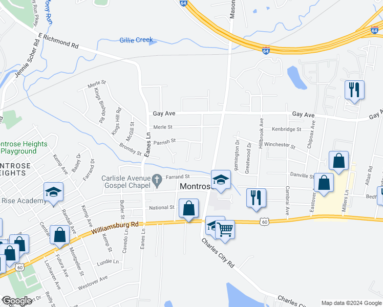 map of restaurants, bars, coffee shops, grocery stores, and more near 4613 Raspberry Patch Lane in Henrico