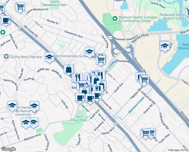 map of restaurants, bars, coffee shops, grocery stores, and more near 620 Masonic Way in Belmont