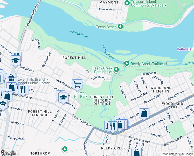 map of restaurants, bars, coffee shops, grocery stores, and more near 4124 Hillcrest Road in Richmond