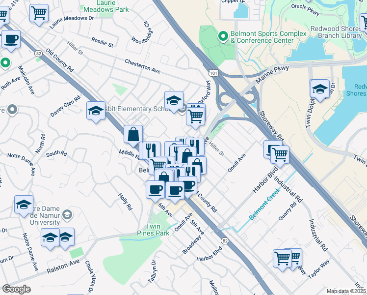 map of restaurants, bars, coffee shops, grocery stores, and more near 620 Masonic Way in Belmont