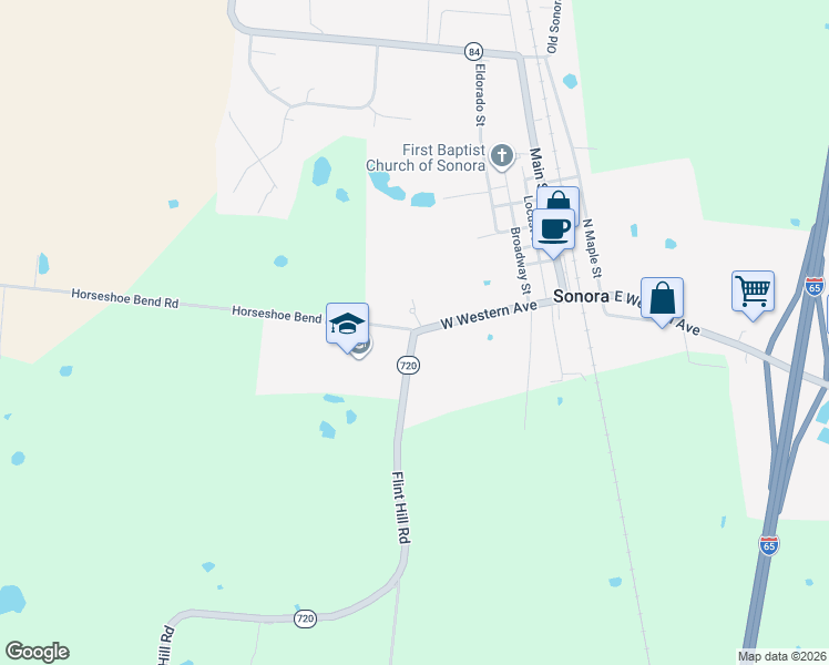map of restaurants, bars, coffee shops, grocery stores, and more near 300 Flint Hill Road in Sonora