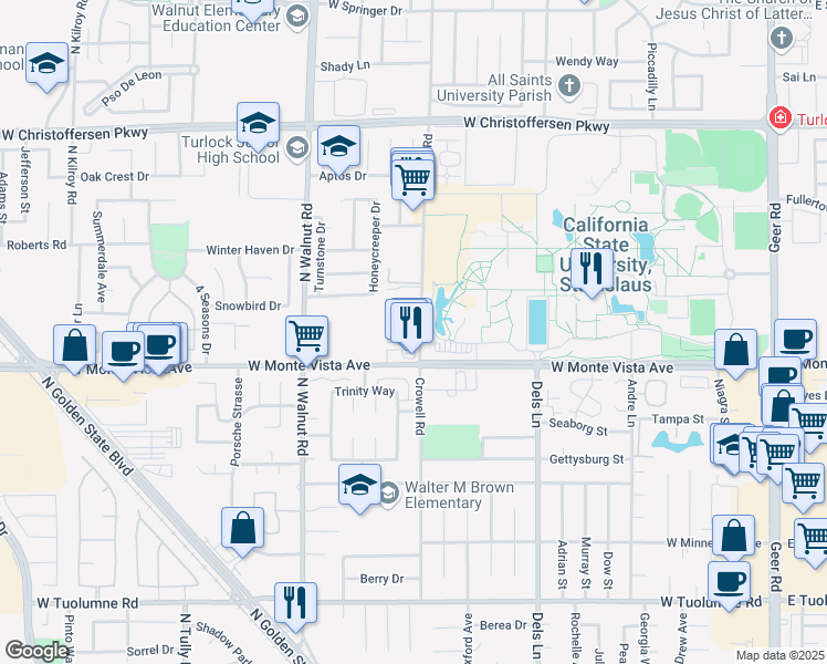 map of restaurants, bars, coffee shops, grocery stores, and more near 3401 Crowell Road in Turlock