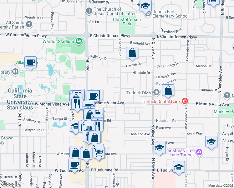 map of restaurants, bars, coffee shops, grocery stores, and more near 351 East Monte Vista Avenue in Turlock