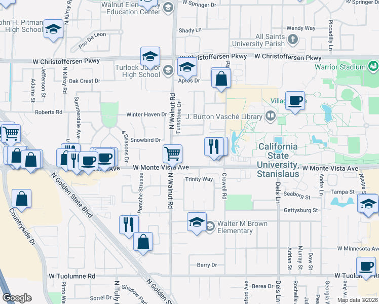 map of restaurants, bars, coffee shops, grocery stores, and more near 1525 West Monte Vista Avenue in Turlock