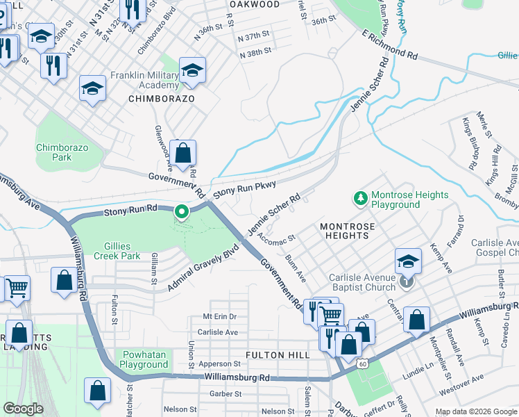 map of restaurants, bars, coffee shops, grocery stores, and more near 1308 Jennie Scher Road in Richmond