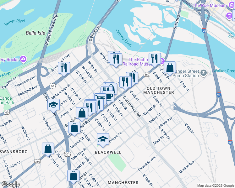 map of restaurants, bars, coffee shops, grocery stores, and more near 903 Hull Street in Richmond
