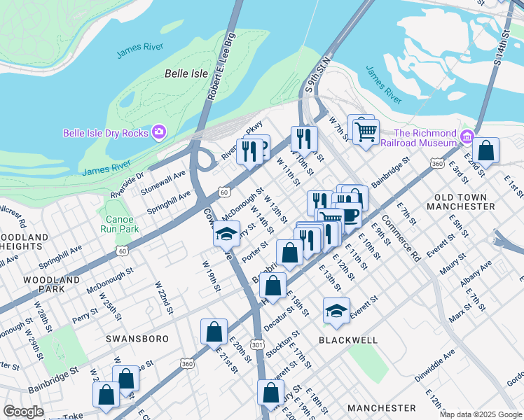 map of restaurants, bars, coffee shops, grocery stores, and more near 1320 Perry Street in Richmond