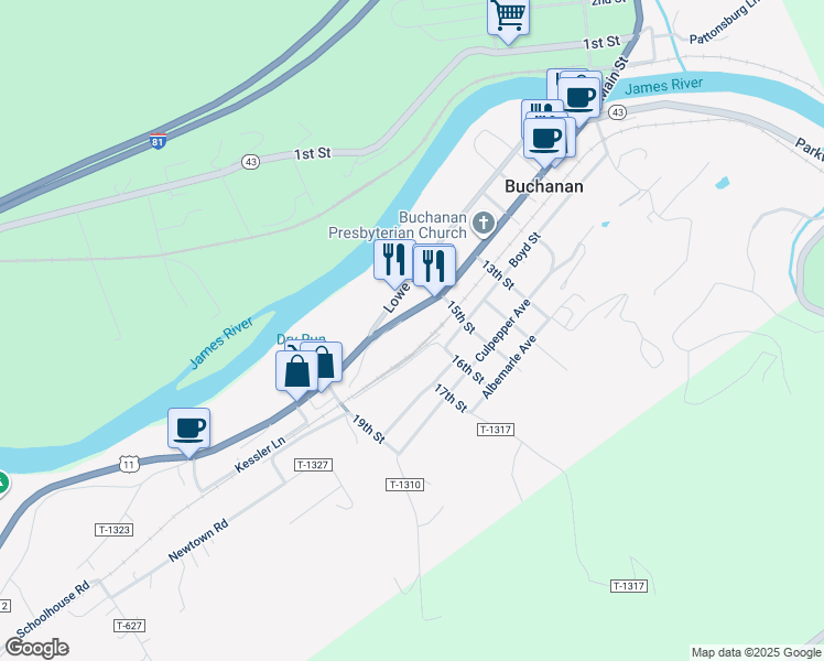 map of restaurants, bars, coffee shops, grocery stores, and more near 56-238 Rabbit Run in Buchanan