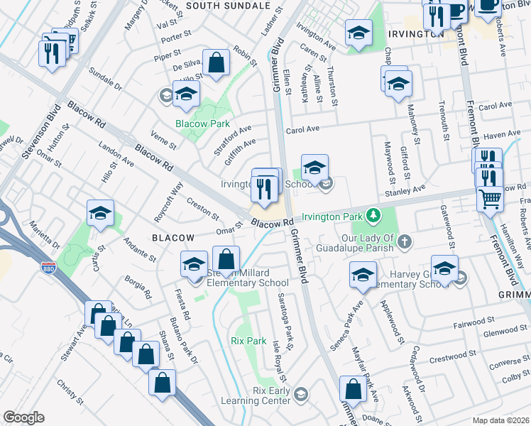 map of restaurants, bars, coffee shops, grocery stores, and more near 41200 Blacow Road in Fremont