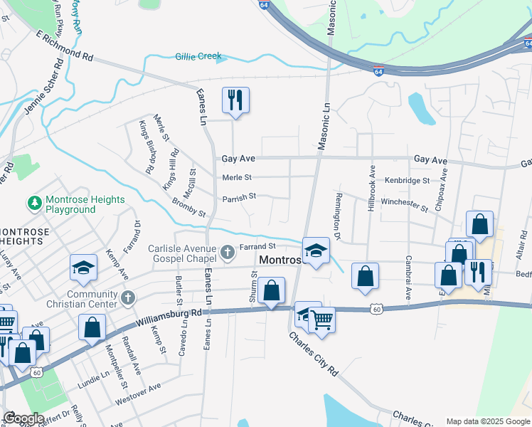 map of restaurants, bars, coffee shops, grocery stores, and more near 4621 Raspberry Patch Lane in Henrico